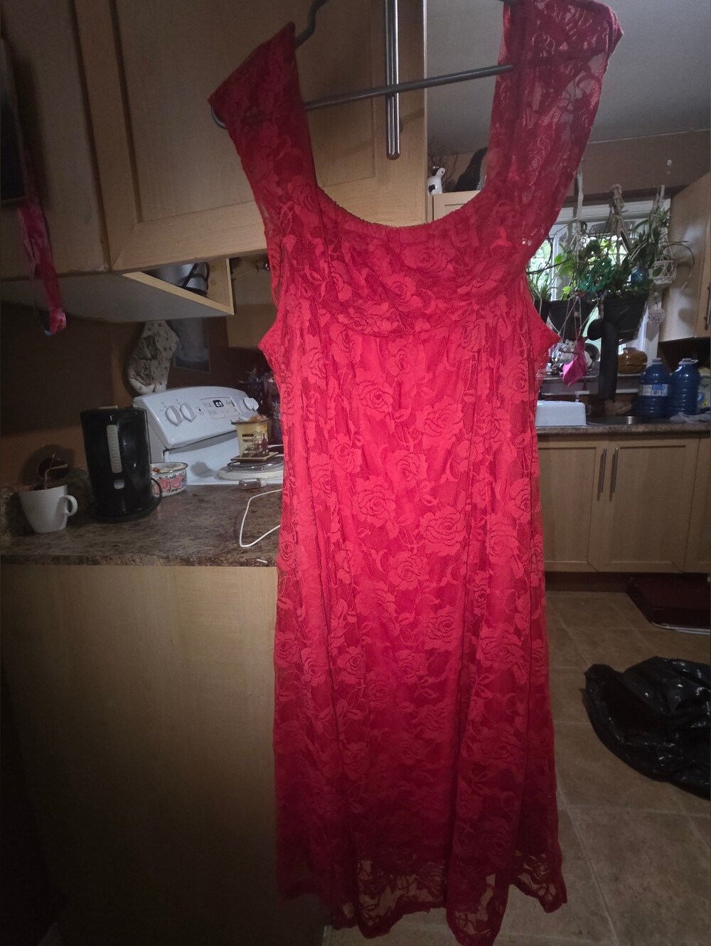 Red Lace Midi Dress - Women's Elegant Floral Design